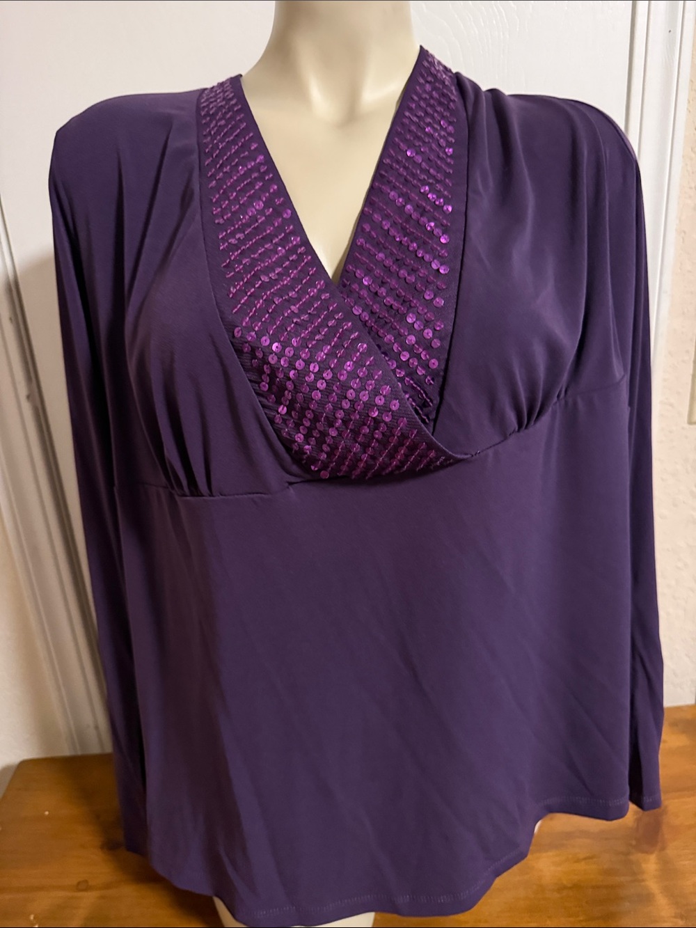 Apostrophe Purple Sequin-Trim V-Neck Blouse